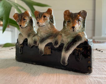 Collie Dogs in a Trunk ceramic Catchall Figurine 1940s Vintage Gift for Dog Lover