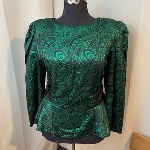 Cocktail Blouse Top 80s Vintage Green Brocade Black Satin Bow M L image 3