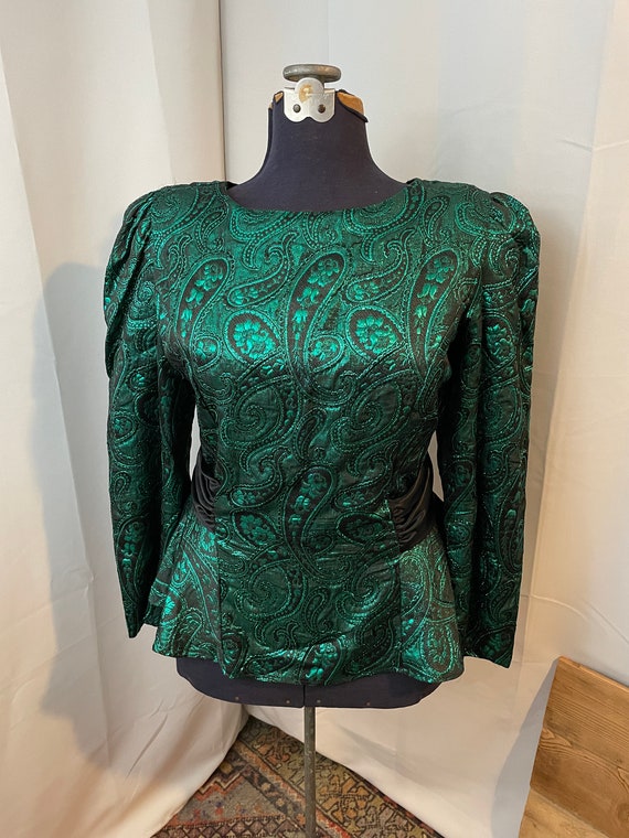 Cocktail Blouse Top 80s Vintage Green Brocade Bla… - image 3