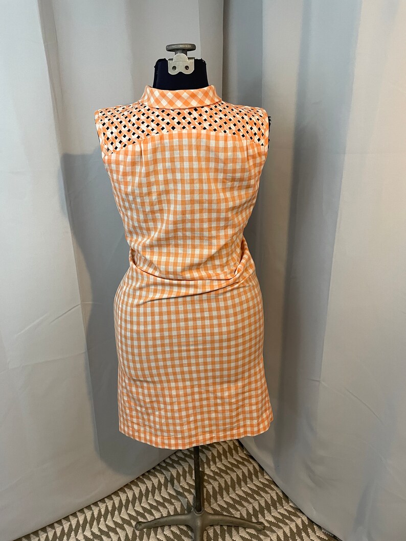 1960s Vintage Gingham Peach a line day dress Woven Tammy Andrews pussy bow L image 3