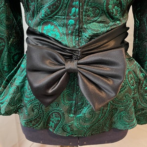 Cocktail Blouse Top 80s Vintage Green Brocade Black Satin Bow M L image 5