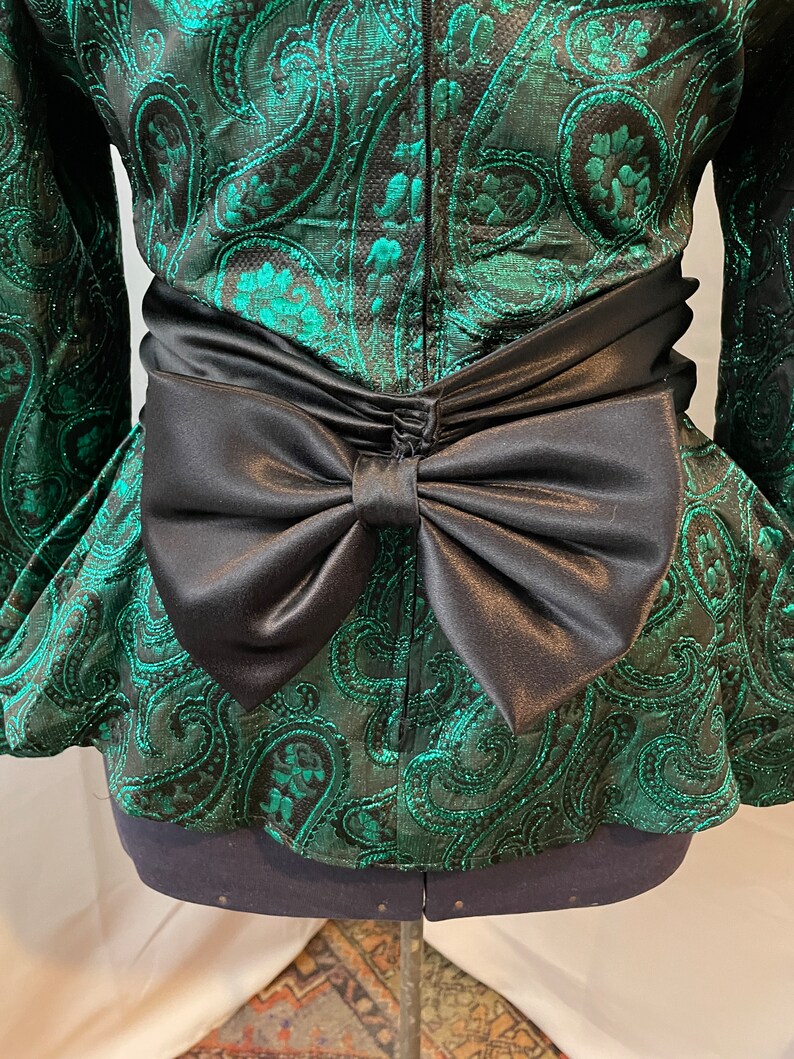 Cocktail Blouse Top 80s Vintage Green Brocade Black Satin Bow M L image 5