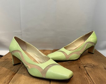 Mint Green 1990s Vintage Pumps Cutout Sheer Square Toe Heels Leather 10