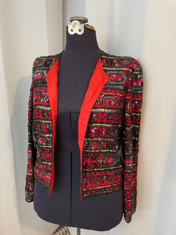 70s glam rock sequined Jacket Red Silk rainbow XL - image 3