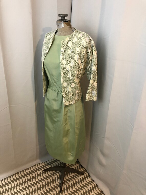 1950s satin taffeta dress with matching lace jacke