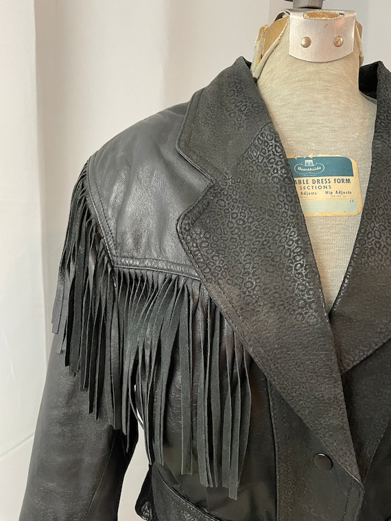 1980s Vintage Leather Fringe Biker Jacket Coat Le… - image 2