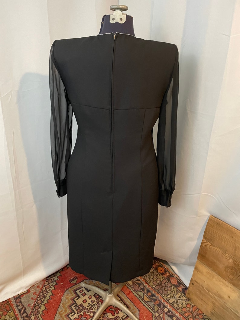 Rhinestone Little Black Dress LBD 80s vintage sheer crepe NYE Party M image 4