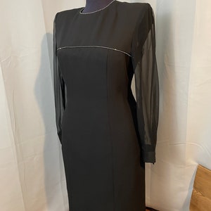 Rhinestone Little Black Dress LBD 80s vintage sheer crepe NYE Party M image 2