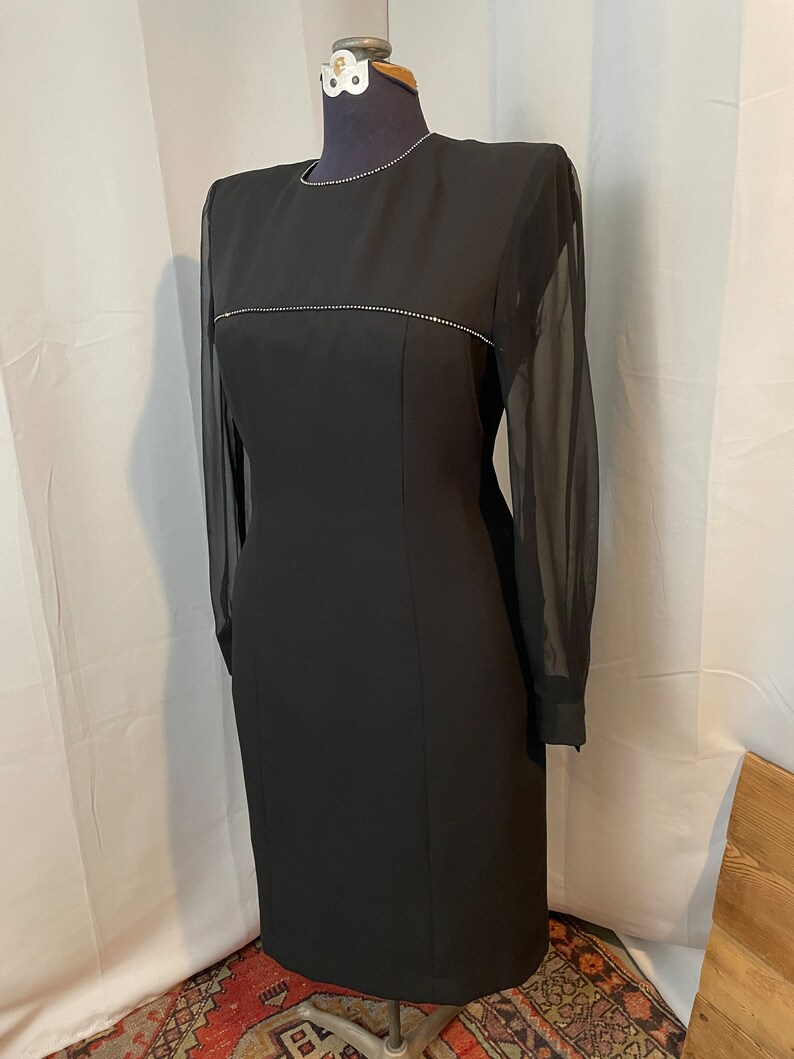 Rhinestone Little Black Dress LBD 80s vintage sheer crepe NYE Party M image 2