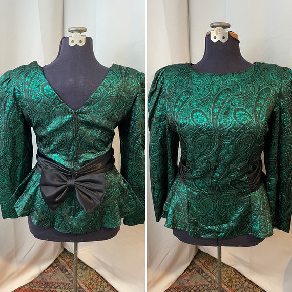 Cocktail Blouse Top 80s Vintage Green Brocade Bla… - image 1