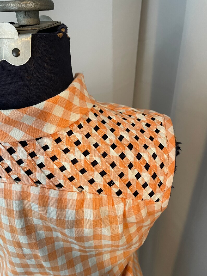 1960s Vintage Gingham Peach a line day dress Woven Tammy Andrews pussy bow L image 4