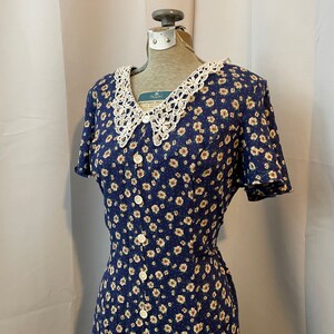 1990s Vintage French Girl Midi Floral Summer Dress Blue Lace Collar M image 2