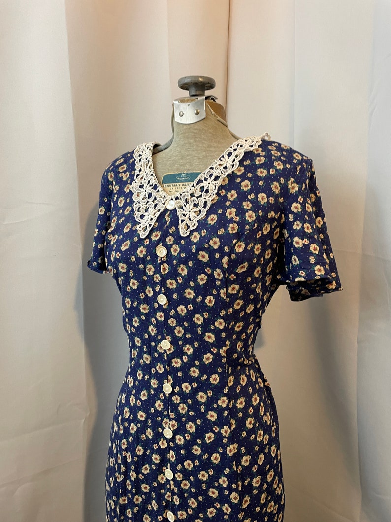 1990s Vintage French Girl Midi Floral Summer Dress Blue Lace Collar M image 2
