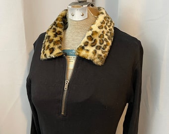 90s Grunge vintage Bodysuit black Leopard Faux Fur collar Derek Heart stretch L