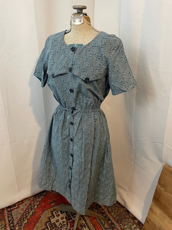 1950s Vintage Indigo Cotton Calico Day Shirt Dress