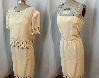 Robe brodée ivoire rose poudré vintage des années 80, robe de mariée Alt Bride S