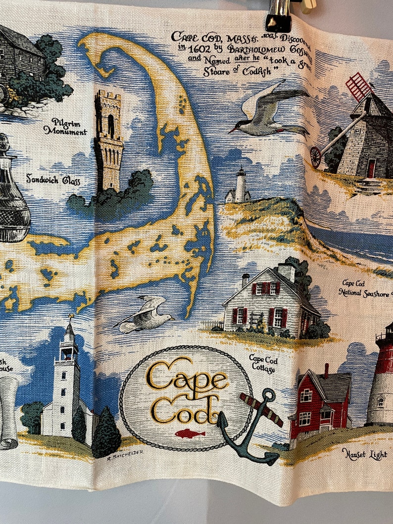 Cape Cod Souvenir Tea Dish Towel Linen Wall hanging 1960s vintage road trip image 2