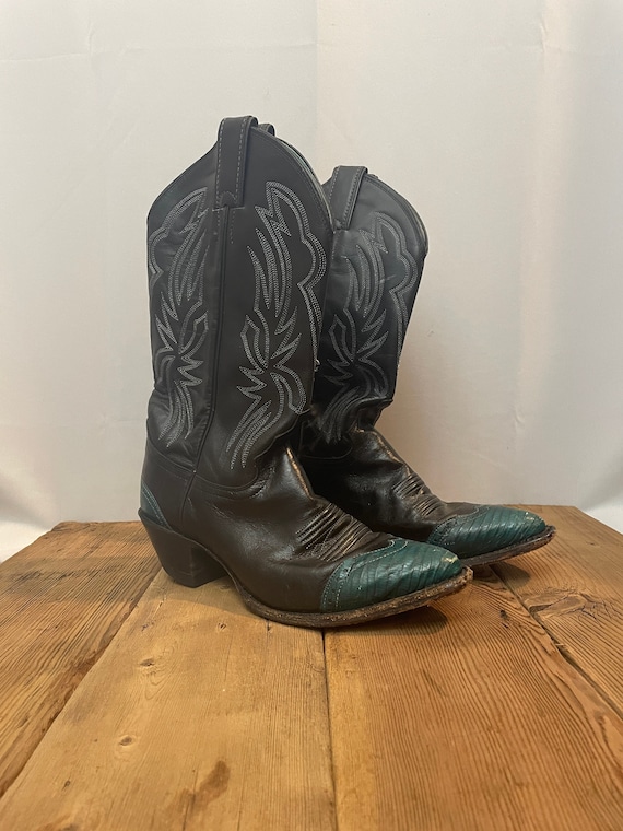 Cowboy Boots 1980s Vintage Black Teal Green Blue J