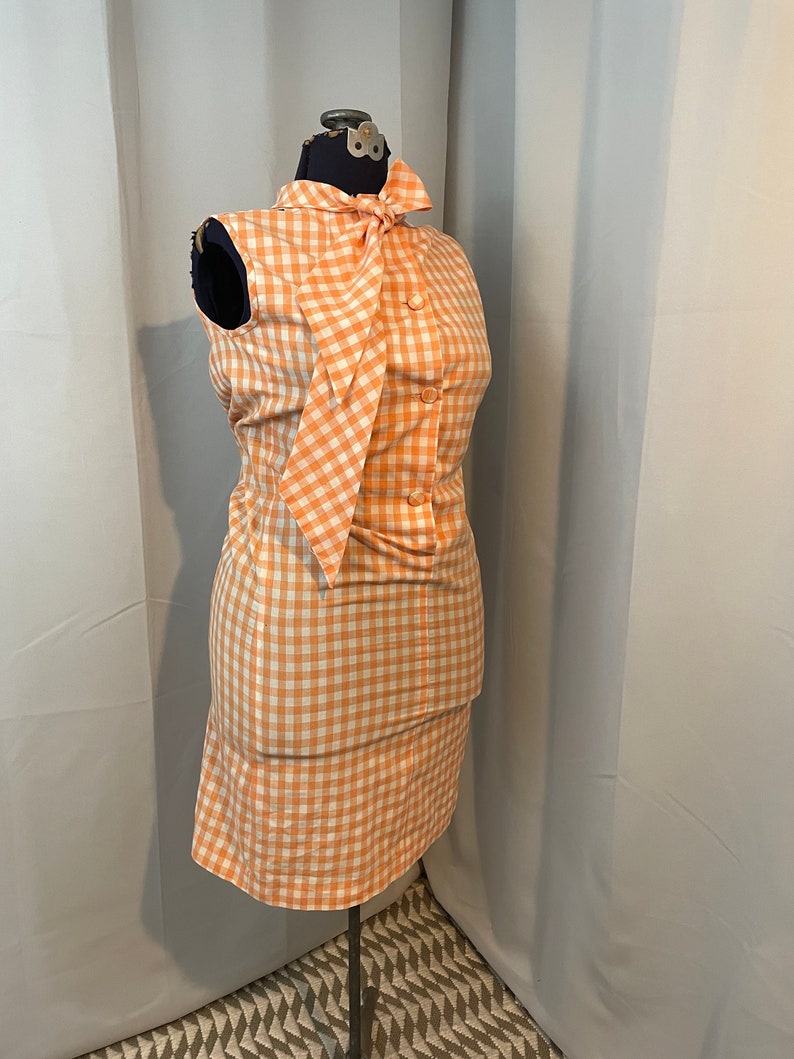 1960s Vintage Gingham Peach a line day dress Woven Tammy Andrews pussy bow L image 1