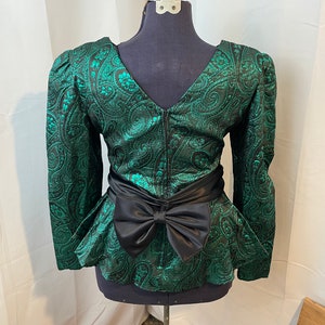 Cocktail Blouse Top 80s Vintage Green Brocade Black Satin Bow M L image 4