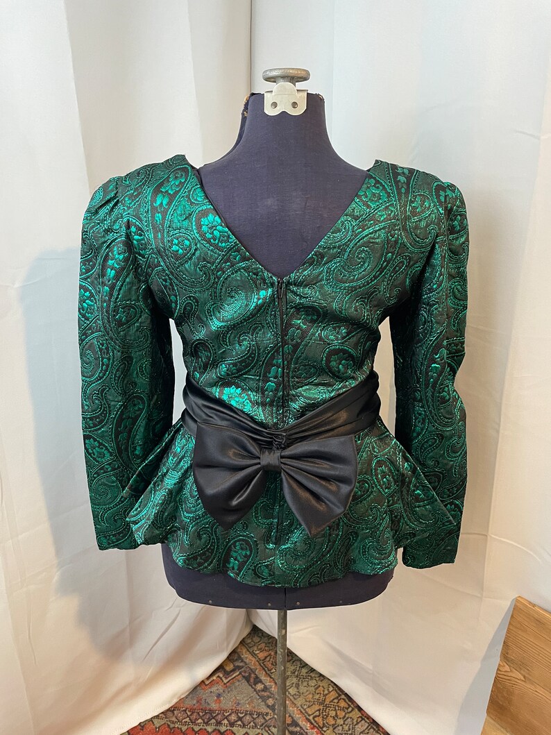 Cocktail Blouse Top 80s Vintage Green Brocade Black Satin Bow M L image 4