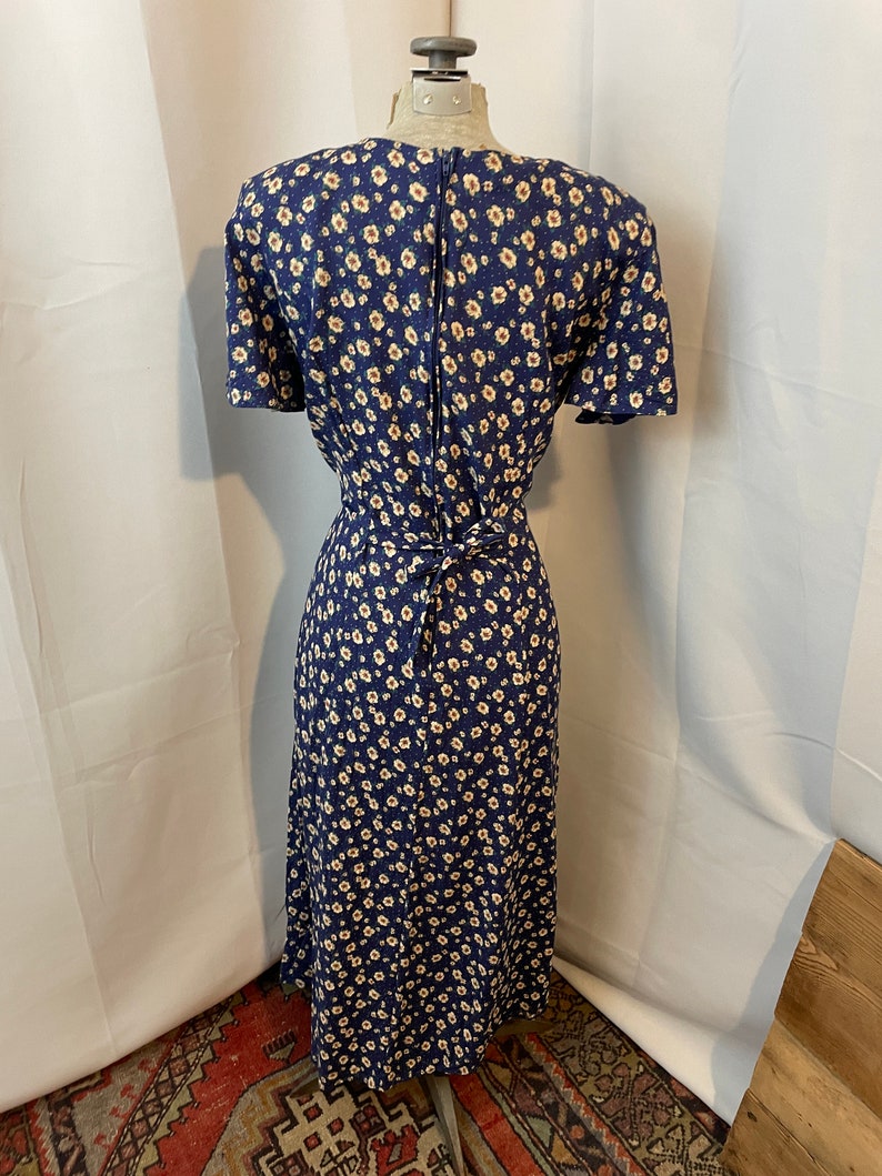1990s Vintage French Girl Midi Floral Summer Dress Blue Lace Collar M image 5