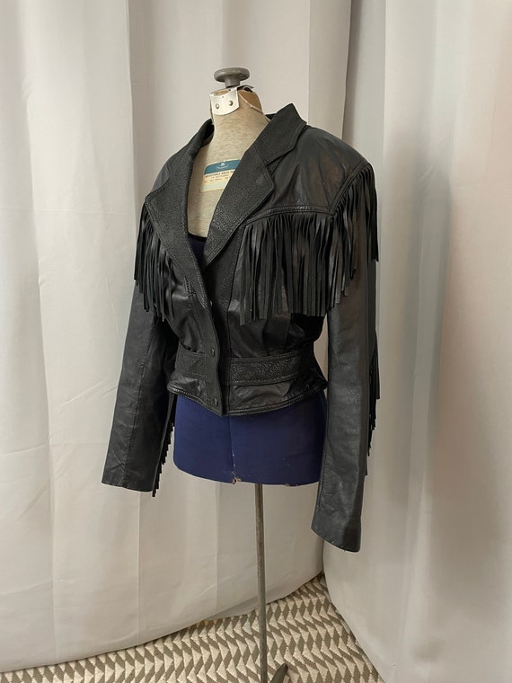 1980s Vintage Leather Fringe Biker Jacket Coat Le… - image 1