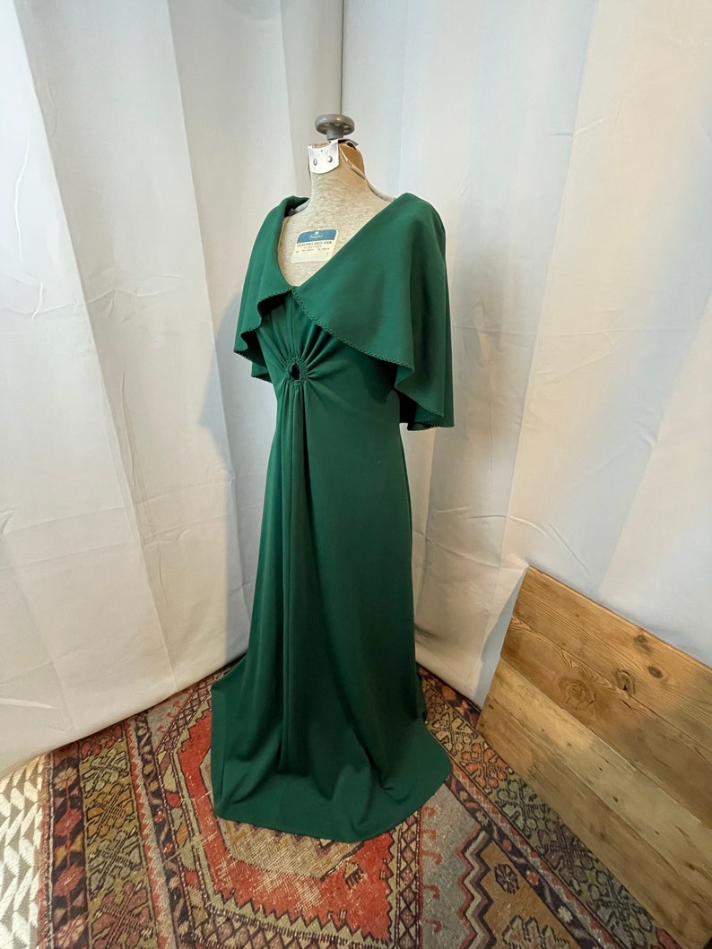 1970s Vintage Boho Maxi Dress Emerald Green with Cape & Keyhole S M image 1