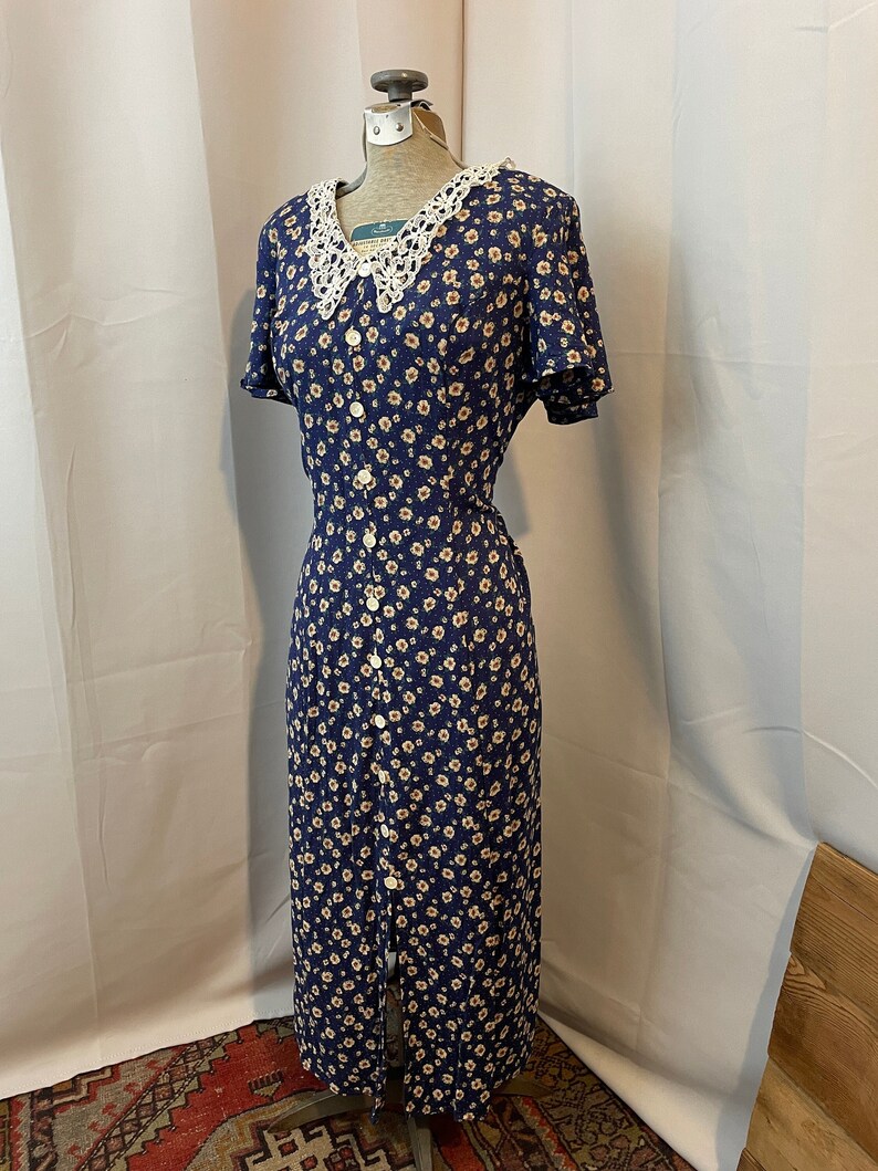 1990s Vintage French Girl Midi Floral Summer Dress Blue Lace Collar M image 1