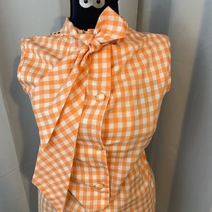 1960s Vintage Gingham Peach a line day dress Woven Tammy Andrews pussy bow L image 2