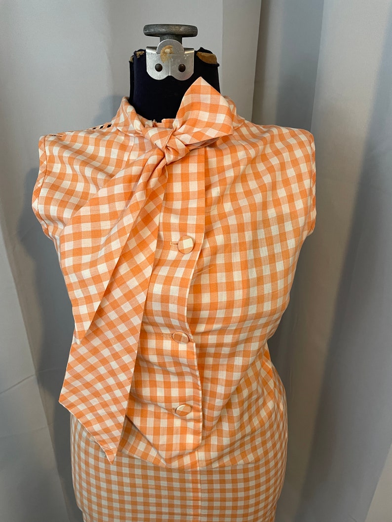 1960s Vintage Gingham Peach a line day dress Woven Tammy Andrews pussy bow L image 2