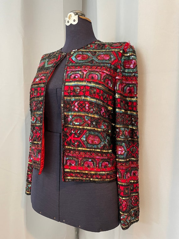 70s glam rock sequined Jacket Red Silk rainbow XL