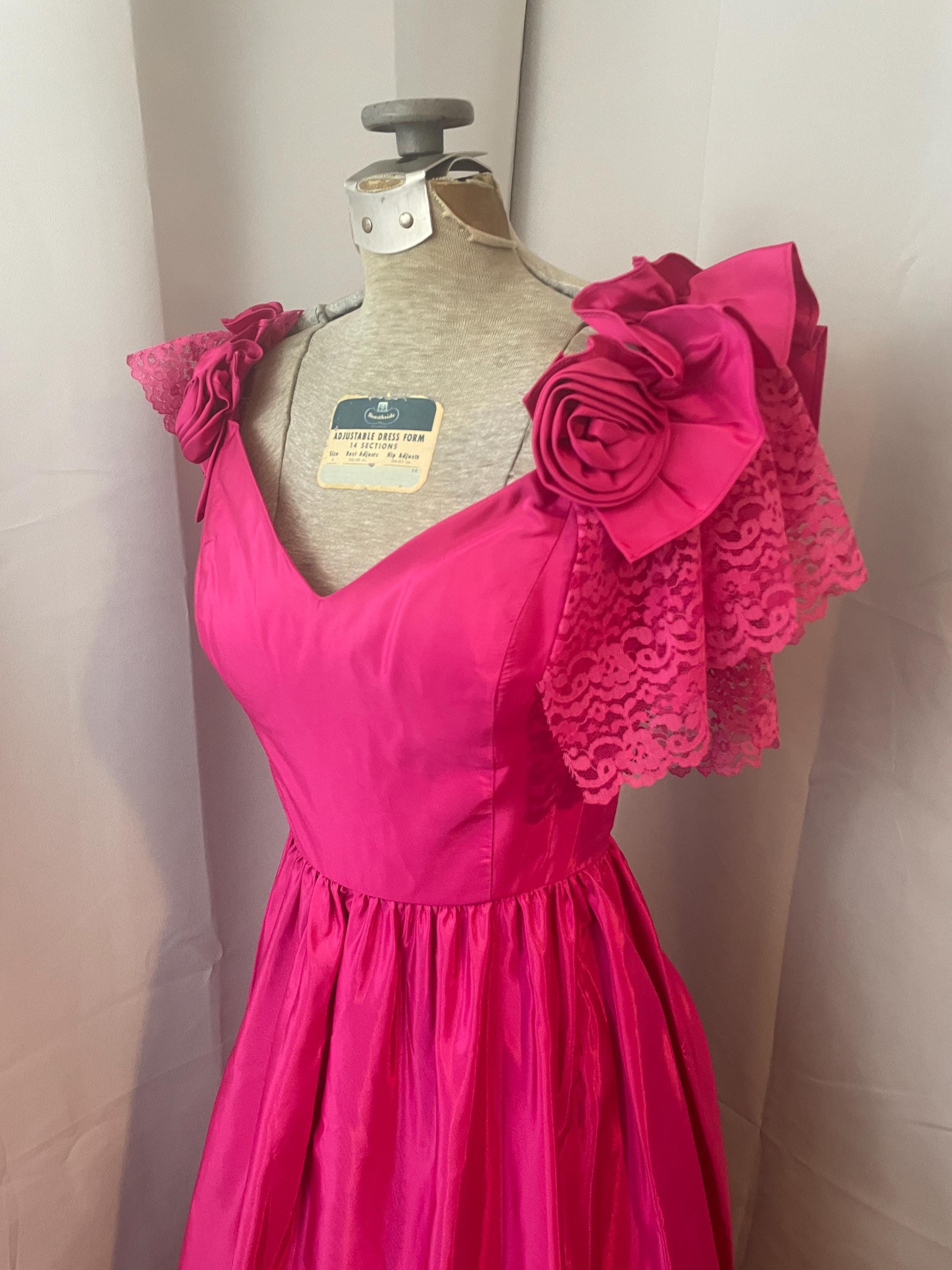 Hot Pink Satin Formal Gown Maxi Dress Lace Rose Ruffles 1980s Vintage Prom XS 