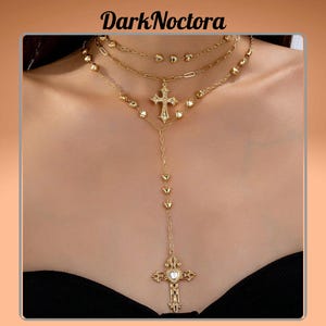 Gold Heart & Cross Y-Chain Necklace – Dainty Layered Pendant Set for Women, Faith Jewelry Gift