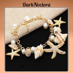 Gold Starfish and Shell Charm Bracelet, Ocean Beach Jewelry with Pearls and Natural Seashells, Coastal Vacation Gift for Her