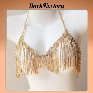 Sexy Crystal Tassel Bikini Chain Top – Gold Rhinestone Body Jewelry Bralette For Women, Festival Outfit, Rave Bra, Nightclub Statement Piece