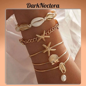 Boho Beach Bracelet Set: Gold Shell, Starfish & Faux Pearl Bangles