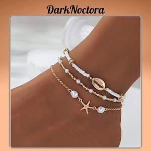 3pcs Beach Anklet Set for Women, Starfish and Shell Charm Anklets with Pearls and Beads, Summer Ocean-Inspired Foot Jewelry