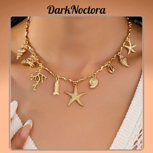 Gold Marine Life Charm Necklace: Beach Statement Jewelry