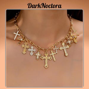 Chunky Gold Cross Charm Necklace for Women, Gothic Curb Chain Statement Choker with Multiple Crystal Crosses, Bold Faith Jewelry Gift