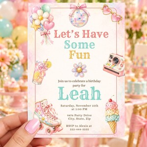 Let's Have Some Fun Birthday Invitation, Pastel Roller Skate Birthday Party Invite, Disco Ball Birthday Invitation, Editable Canva Template