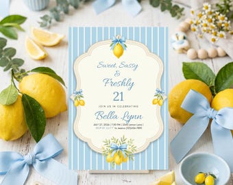 Freshly 21 Birthday Invitation - Lemons & Blue Bows Design