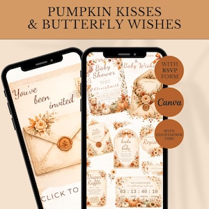 May include: Two smartphones displaying digital baby shower invitations with autumn-themed graphics, including pumpkins, flowers, and envelopes with wax seals. Text includes PUMPKIN KISSES & BUTTERFLY WISHES, You've been invited, Baby Shower, RSVP, and a countdown timer.
