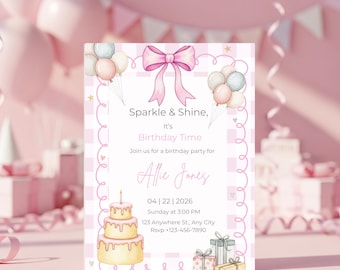Editable Watercolor Pink Bow First Birthday Invitation (Digital Download)
