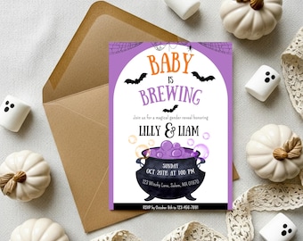 Baby is Brewing Shower Invitation: Tea Party, Halloween Theme (Printable, Editable, Digital Invites)