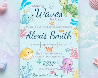 Under the Sea Baby Shower Invitation, Editable Ocean Baby Shower Invite, Canva Template, Digital Baby Shower Invitation
