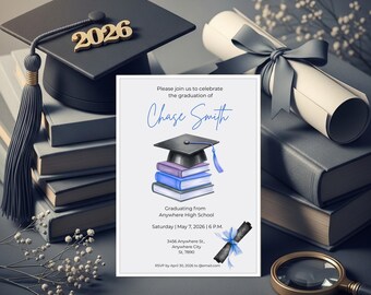 Blue Watercolor Graduation Invitation, Stack of Books Cap Design (Digital Download)