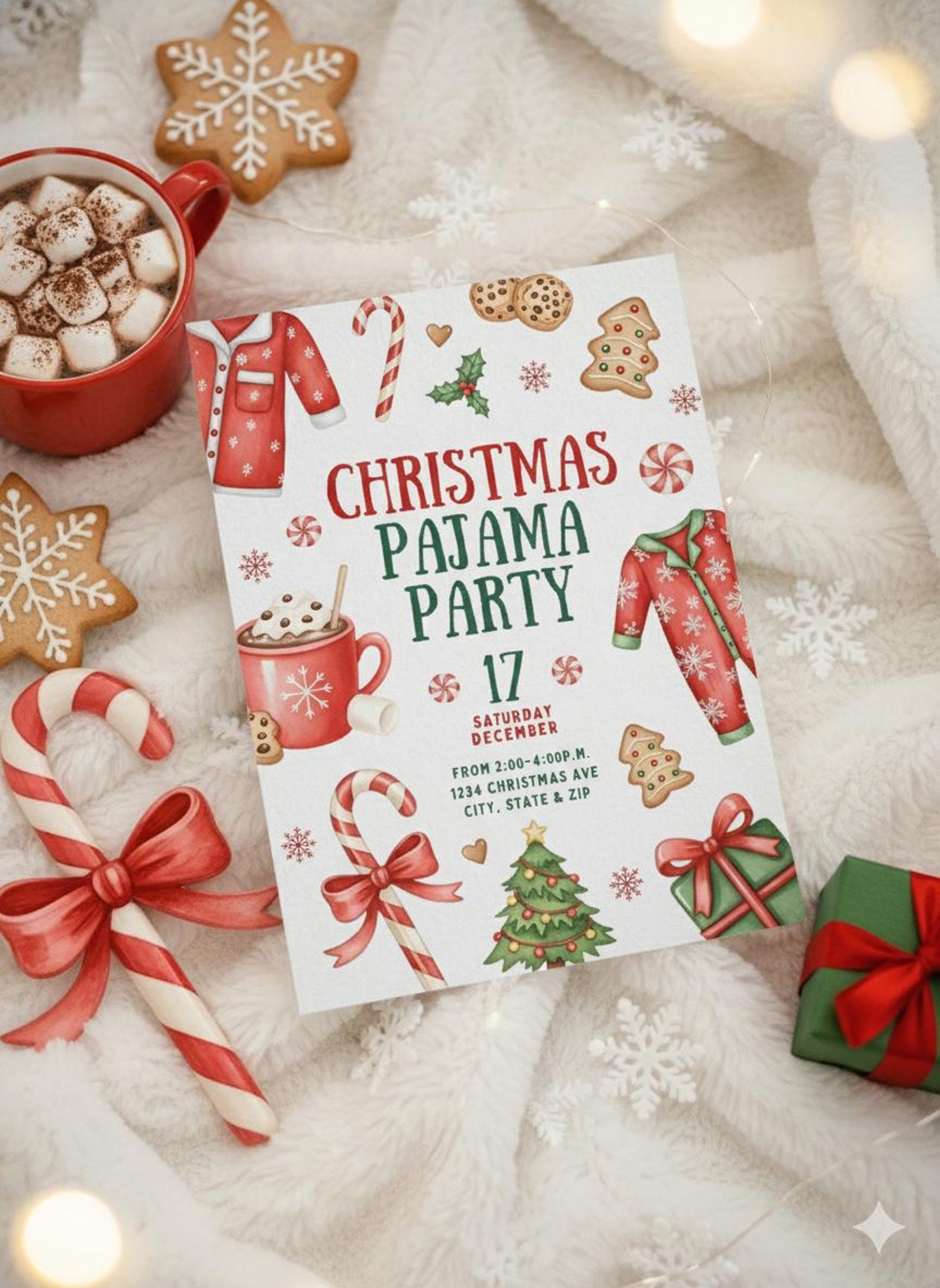 Christmas Pajama Party Invitation  Editable Holiday Sleepover Invite Digital