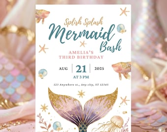 Mermaid Birthday Invitation Template, Mermaid Bash Invite, Under the Sea Birthday Party Invite, Editable Mermaid Party Invitation