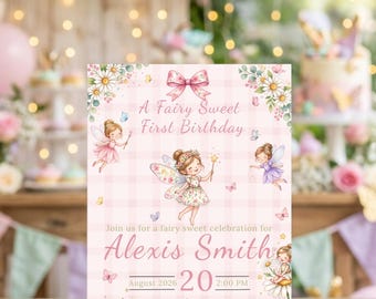 Fairy Sweet First Birthday Invitation, Pink Fairy Birthday Invite, First Birthday Invitation, Floral Fairy Party Invite, Girls 1st Birthday